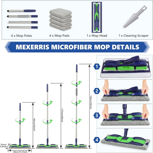 Microfiber Mops for Hardwood Floor Cleaning: MEXERRIS Flat Floor Mop with 4 Washable Pads and 1 Scrubber - 59" Adjustable Stainless Steel Handle for Laminate Tile Laminate Wood Tile Vinyl