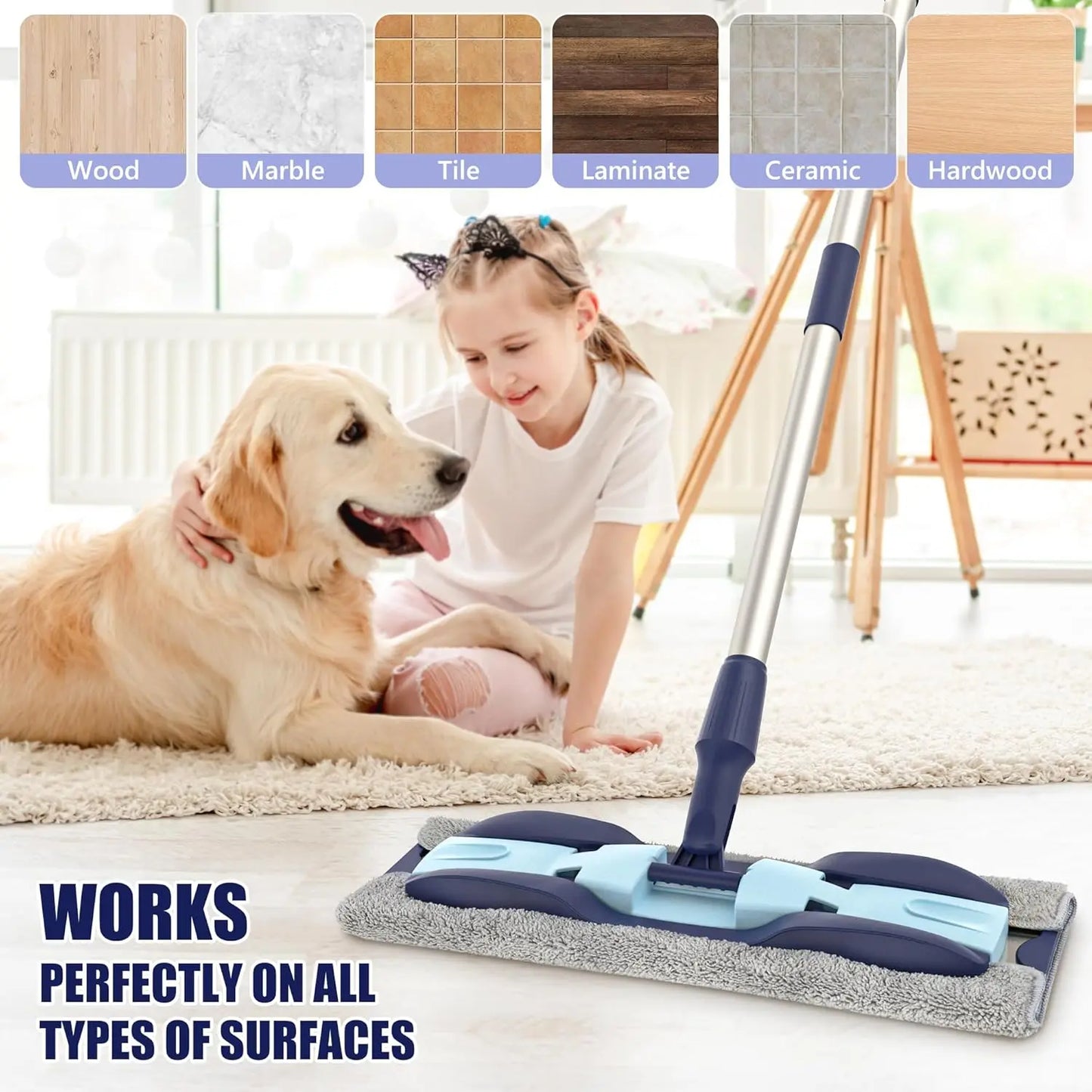 Microfiber Dust Mops for Hardwood Floor Cleaning: MEXERRIS Flat Floor Mop with 4 Washable Pads and 1 Scrubber - 59" Adjustable Stainless Steel Handle for Laminate Tile Laminate Wood Tile Vinyl
