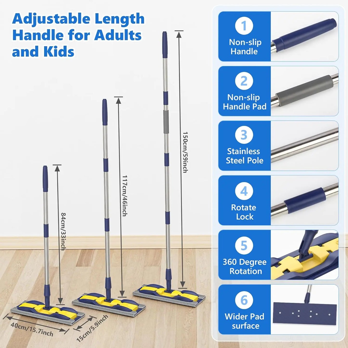 Microfiber Dust Mops for Hardwood Floor Cleaning: MEXERRIS Flat Floor Mop with 4 Washable Pads and 1 Scrubber - 59" Adjustable Stainless Steel Handle for Laminate Tile Laminate Wood Tile Vinyl