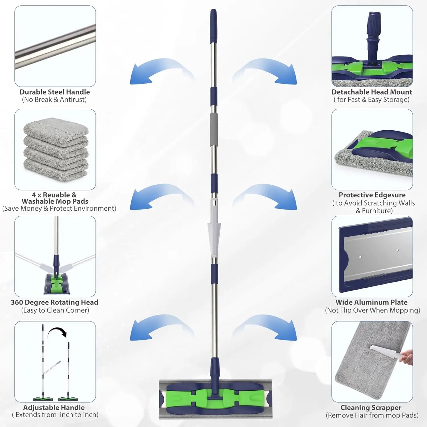 Microfiber Mops for Hardwood Floor Cleaning: MEXERRIS Flat Floor Mop with 4 Washable Pads and 1 Scrubber - 59" Adjustable Stainless Steel Handle for Laminate Tile Laminate Wood Tile Vinyl