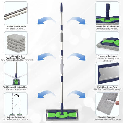 Microfiber Mops for Hardwood Floor Cleaning: MEXERRIS Flat Floor Mop with 4 Washable Pads and 1 Scrubber - 59" Adjustable Stainless Steel Handle for Laminate Tile Laminate Wood Tile Vinyl