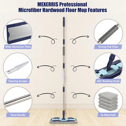 Microfiber Dust Mops for Hardwood Floor Cleaning: MEXERRIS Flat Floor Mop with 4 Washable Pads and 1 Scrubber - 59" Adjustable Stainless Steel Handle for Laminate Tile Laminate Wood Tile Vinyl