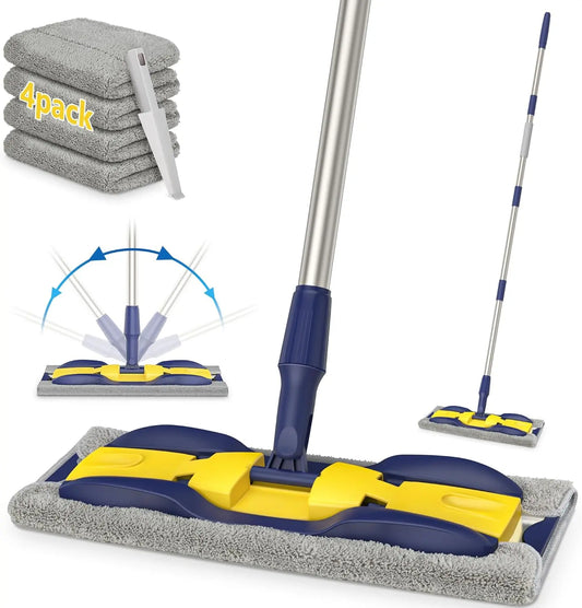 Microfiber Dust Mops for Hardwood Floor Cleaning: MEXERRIS Flat Floor Mop with 4 Washable Pads and 1 Scrubber - 59" Adjustable Stainless Steel Handle for Laminate Tile Laminate Wood Tile Vinyl