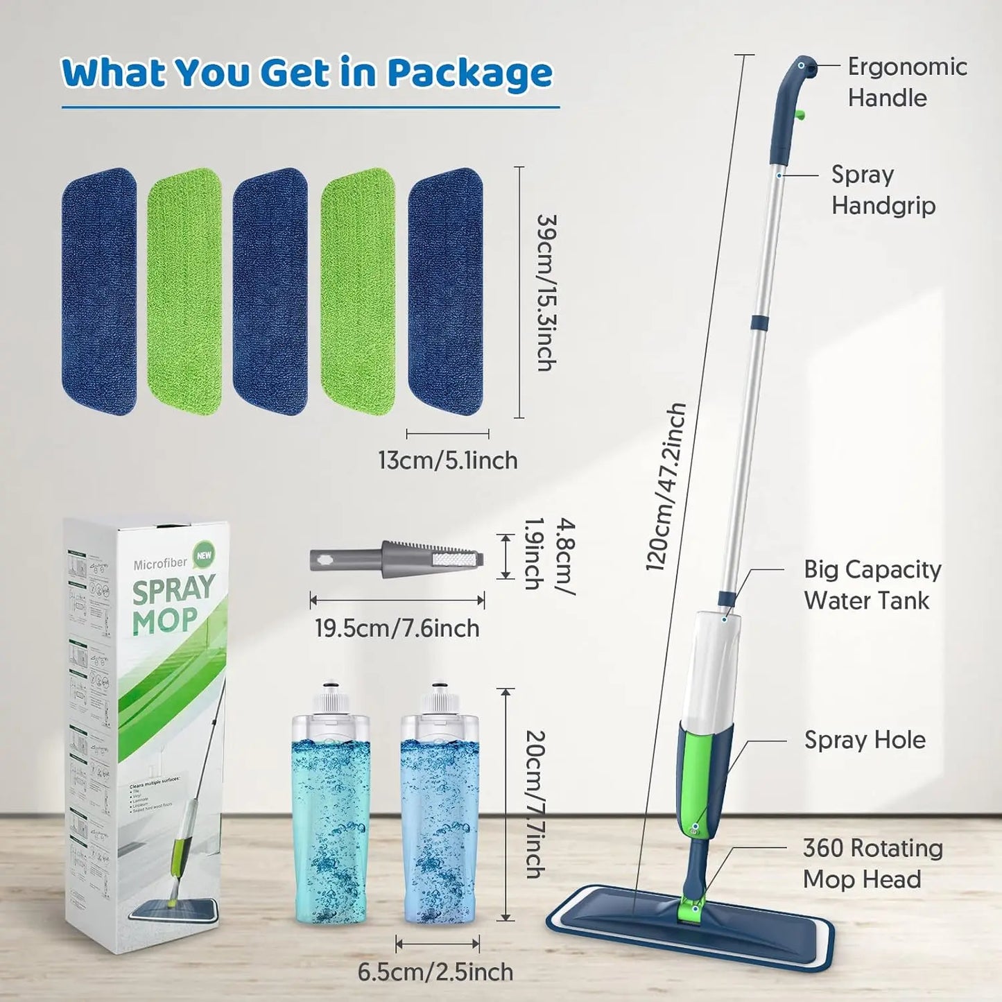 Spray Wet Mops for Hardwood Floor Cleaning: MEXERRIS Flat Mop with 5 Washable Pads for Swiffer Powermop - Floor Mop Dust Dry Mops with 2 Bottles for Laminate Vinyl Tiles Wood